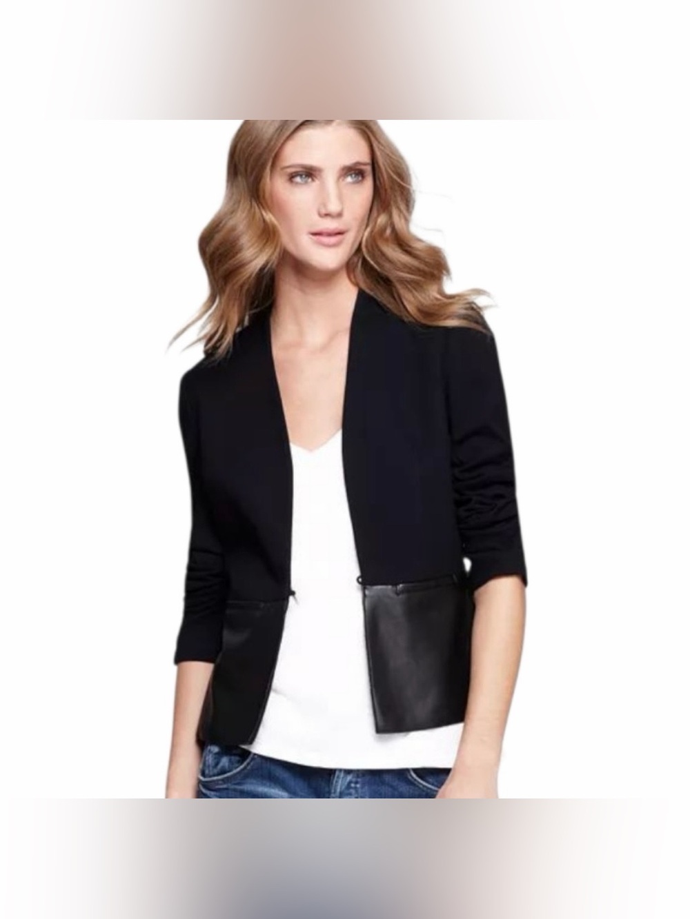 Bailey 44 Faux Leather Navy Black Mixed Media Peplum Blazer Jacket Size M Edgy